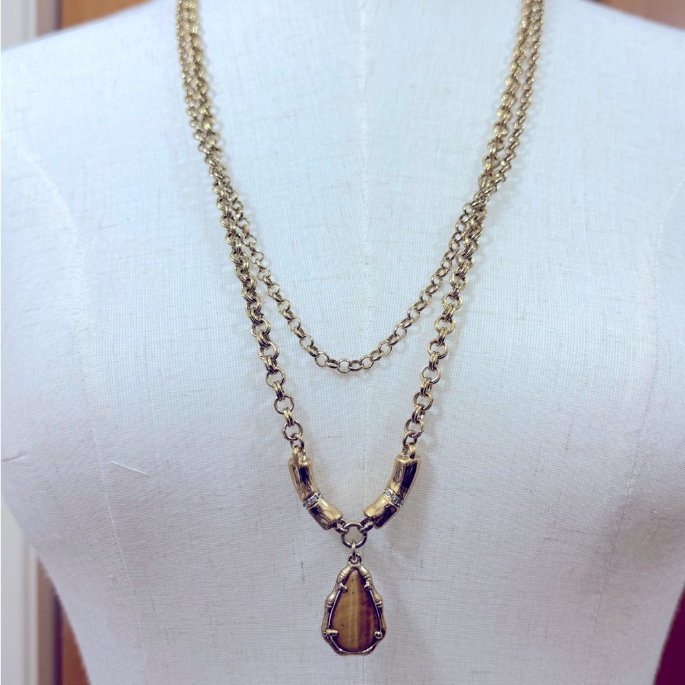 Elaine Turner Marlaine Gold Layered 28” Necklace with Brown Pendant